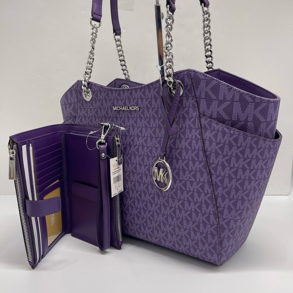 MICHAEL KORS JST Lg Chain Shoulder Tote & Double Zip Wristlet Wallet 
Dk Purple - Picture 6 of 16